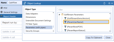 After clicking Object Lookup, select the parameter to assign to a cube view report subtitle. ""